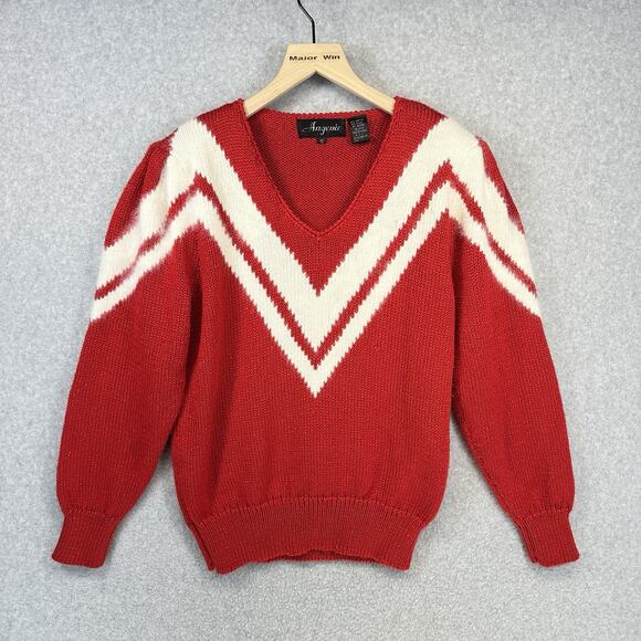 Vintage Angenie Chevron Sweater Size Small Red Knit Shoulder Pads 80s Style - Picture 1 of 14
